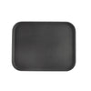 Durable 18x14-inch black rectangular tray made from super plastic, crack-resistant, lightweight, easy to clean, ideal for serving and organizing in commercial kitchens, packed 12 each per case.