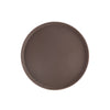 Durable 16-inch round brown tray made from super plastic, lightweight, crack-resistant, easy to clean, ideal for foodservice, restaurants, and catering; packed 12 each per case.