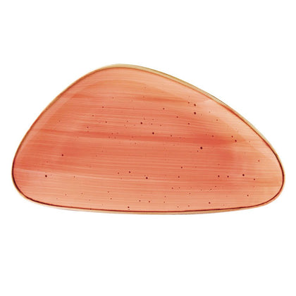 Triangular Plate Coral 13.125 inch with vibrant coral color and modern triangular shape. Chip-resistant and stackable, ideal for serving entrees, appetizers, or sharing plates with style.