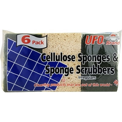 UFO Cellulose Sponges & Sponge Scrubbers are designed for maximum cleaning efficiency, combining durability and versatility. One side features a cellulose sponge for gentle yet effective scrubbing, while the other side includes a soft cloth layer for smooth wiping and polishing. These sponges are perfect for removing oil and grime from dishes, as well as for general cleaning around the home, office, or facility. Conveniently available in a pack of 6 for everyday use.