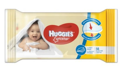 Huggies Baby Wipes Unistar, 56 count pack with 4-layer thickness, gentle and soft wipes for delicate baby skin.
