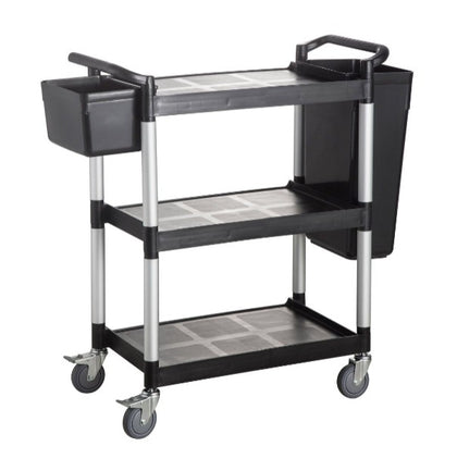 Black utility cart measuring 31-7/8 x 17-1/8 x 35-7/8 inches with multiple shelves, swivel casters, and ergonomic handle, ideal for janitorial, industrial, or commercial transport and storage.