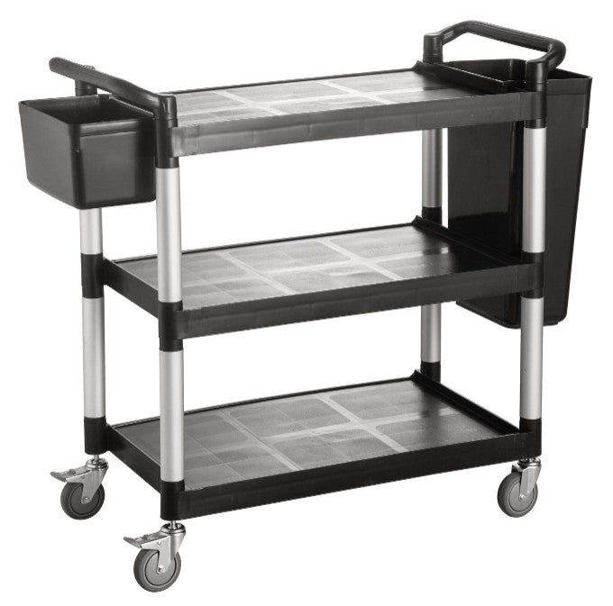 Heavy-duty black utility cart measuring 40-1/8 x 19-3/4 x 37-3/4 inches with large shelves, swivel casters, and ergonomic handle for industrial, janitorial, or commercial supply transport.