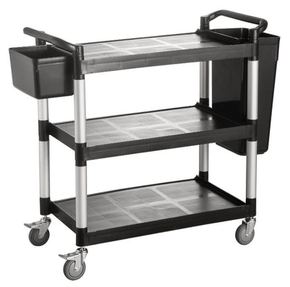 Heavy-duty black utility cart measuring 40-1/8 x 19-3/4 x 37-3/4 inches with large shelves, swivel casters, and ergonomic handle for industrial, janitorial, or commercial supply transport.