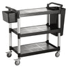 Heavy-duty black utility cart measuring 40-1/8 x 19-3/4 x 37-3/4 inches with large shelves, swivel casters, and ergonomic handle for industrial, janitorial, or commercial supply transport.