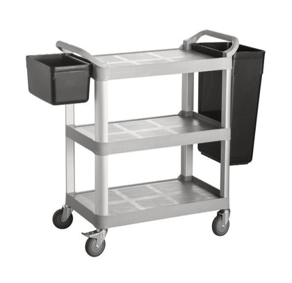 Gray utility cart measuring 31-7/8 x 17-1/8 x 35-7/8 inches with durable plastic frame, swivel casters, and raised edges, perfect for janitorial, office, or warehouse supply transport.
