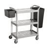 Gray utility cart measuring 31-7/8 x 17-1/8 x 35-7/8 inches with durable plastic frame, swivel casters, and raised edges, perfect for janitorial, office, or warehouse supply transport.