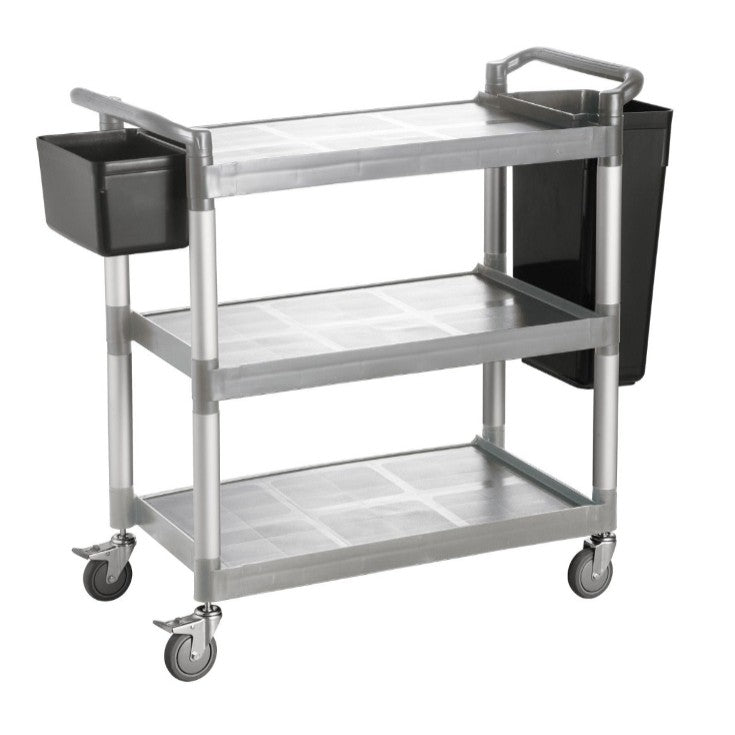 Gray utility cart measuring 40-1/8 x 19-3/4 x 37-3/4 inches with durable plastic frame, swivel casters, and raised edges for commercial, industrial, or janitorial supply transport.