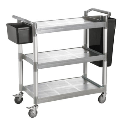 Gray utility cart measuring 40-1/8 x 19-3/4 x 37-3/4 inches with durable plastic frame, swivel casters, and raised edges for commercial, industrial, or janitorial supply transport.