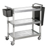 Gray utility cart measuring 40-1/8 x 19-3/4 x 37-3/4 inches with durable plastic frame, swivel casters, and raised edges for commercial, industrial, or janitorial supply transport.
