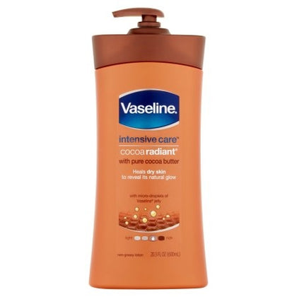 Vaseline Intensive Care Cocoa Radiant Lotion is enriched with pure Cocoa Butter and Ultra-Hydrating Lipids to deeply nourish dull, dry skin. Designed to restore your skin's natural radiance, this fast-absorbing lotion provides 48 hours of continuous hydration without a greasy feel. Clinically tested to deliver 90% more moisture compared to untreated skin, it is ideal for daily use and leaves your skin noticeably softer and glowing with health.