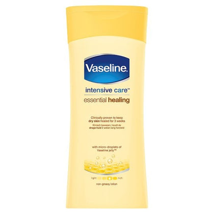 Vaseline Intensive Care Essential Healing Body Lotion is clinically proven to moisturize deeply from the first application and help restore dry skin. Enriched with micro-droplets of Vaseline petroleum jelly, this lotion absorbs quickly, leaving skin feeling soft, smooth, and healthy without any greasy residue. Use it daily to keep your skin hydrated and comforted.