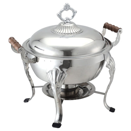 Welsh round 6QT chafer with mirror finish, complete setup, and durable construction; ideal for catering, buffets, banquets, and professional food service with stylish food presentation.