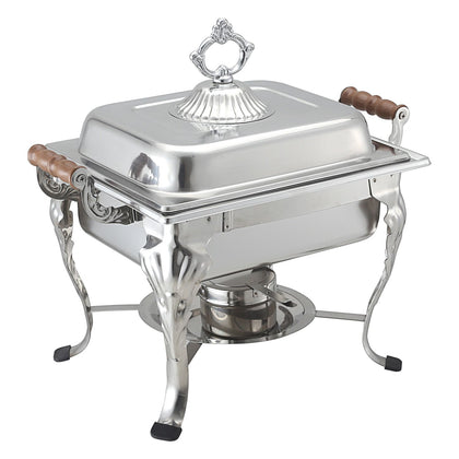Welsh square 4QT chafer with mirror finish, complete setup, and durable construction; ideal for catering, buffets, restaurants, and professional food service with elegant food presentation.
