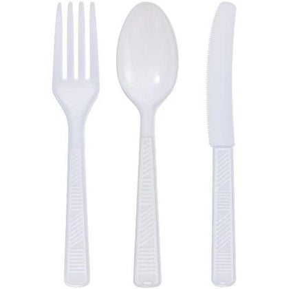 Clear and white disposable combo cutlery set with forks, knives, and spoons. Durable and stylish, perfect for parties, weddings, and events. Convenient and reliable utensils for hassle-free dining and cleanup.

