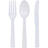 Clear and white disposable combo cutlery set with forks, knives, and spoons. Durable and stylish, perfect for parties, weddings, and events. Convenient and reliable utensils for hassle-free dining and cleanup.

