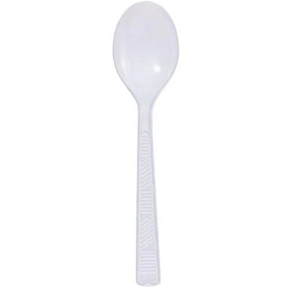 Clear and white disposable soup spoons, durable and stylish. Perfect for parties, weddings, and events. High-quality cutlery for hot and cold dishes with a comfortable grip and effortless cleanup.