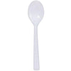 Clear and white disposable soup spoons, durable and stylish. Perfect for parties, weddings, and events. High-quality cutlery for hot and cold dishes with a comfortable grip and effortless cleanup.