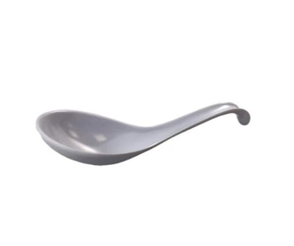 White soup spoon with a unique hook handle, perfect for easy storage and stylish dining.