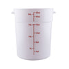 White 22-quart round polypropylene food storage container, BPA-free, leak-resistant, stackable, with measurement markings, freezer and dishwasher safe, packed 6 per pack for commercial use.