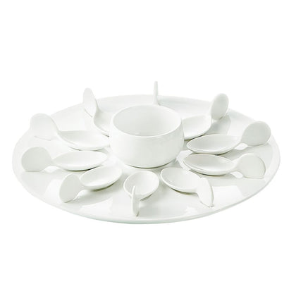 White 7oz bowl, 10 tasting spoons, and round white tray set for serving appetizers, dips, and tastings. Ideal for parties, upscale events, and elegant gatherings.