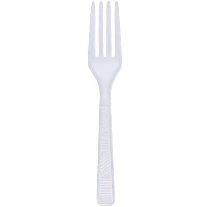 Clear and white disposable forks, durable and stylish. Perfect for parties, weddings, and events. High-quality cutlery for handling appetizers, entrees, and desserts with ease and effortless cleanup.