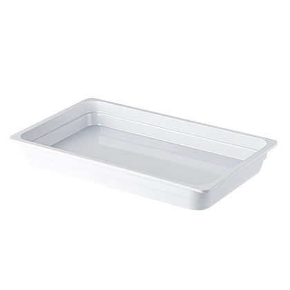 White buffet pan 1/3 size, 2.5 inch deep, break-resistant and stackable, dishwasher safe, perfect for sauces, toppings, sides, or condiments in buffets, salad bars, or catering setups