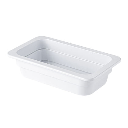 White buffet pan 1/4 size, 2.5 inch deep, chip and break-resistant, stackable, dishwasher safe, ideal for sauces, toppings, small sides, and garnishes in buffets or catering events