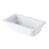 White buffet pan 1/4 size, 2.5 inch deep, chip and break-resistant, stackable, dishwasher safe, ideal for sauces, toppings, small sides, and garnishes in buffets or catering events