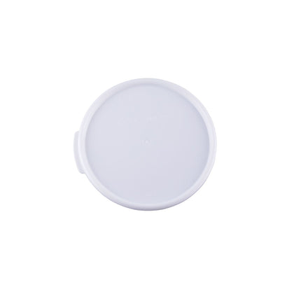 White round food storage container cover for 6 and 8-quart sizes, BPA-free polypropylene, leak-resistant, durable, dishwasher and freezer safe, packed 12 per pack for commercial kitchen use.