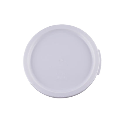 White round food storage container cover fits 12, 18, and 22-quart sizes, made of BPA-free polypropylene, leak-resistant, freezer and dishwasher safe, packed 6 per pack for commercial kitchen use.
