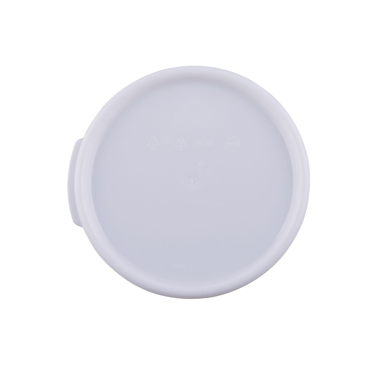 White round food storage container cover for 2 and 4-quart containers, made of BPA-free polypropylene, leak-resistant, dishwasher and freezer safe, packed 12 per pack for kitchen efficiency.