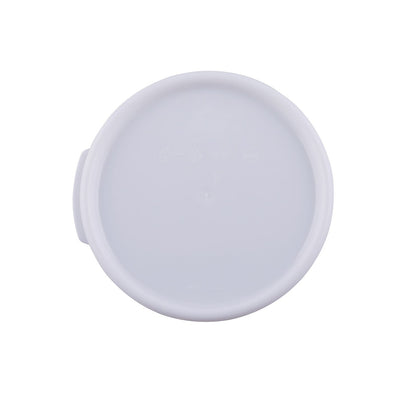 White round food storage container cover for 2 and 4-quart containers, made of BPA-free polypropylene, leak-resistant, dishwasher and freezer safe, packed 12 per pack for kitchen efficiency.