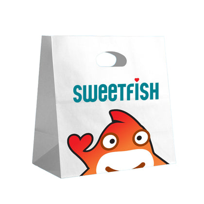 Sweetfish Gusseted White Paper Take Out Bags with Die Cut Handles 11X8X11 350 per case