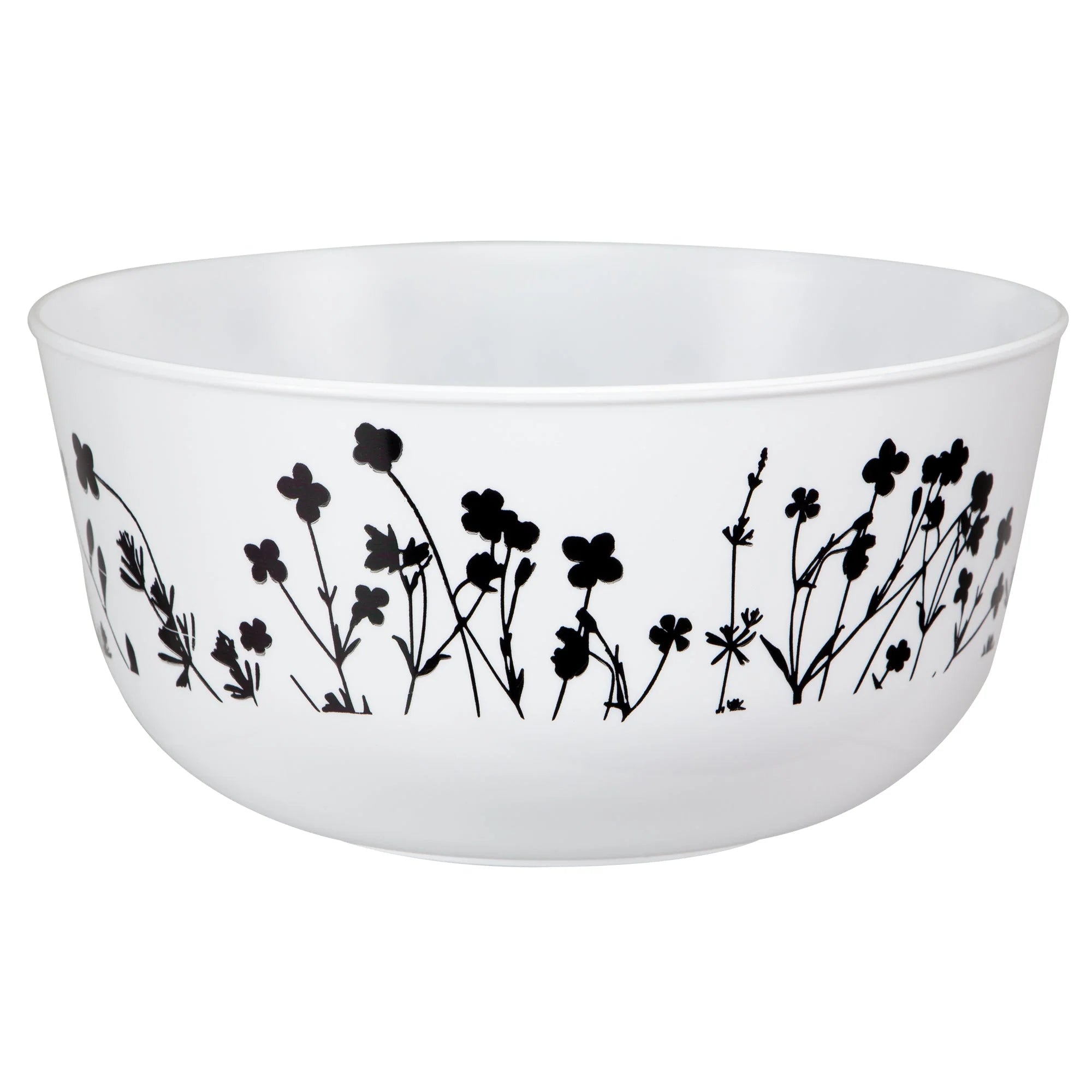 Wildflower 24oz Black/White Bowl with elegant black floral design, reusable and durable, perfect for soups, salads, and sides. Available for events, weddings, and casual gatherings. BPA-free.