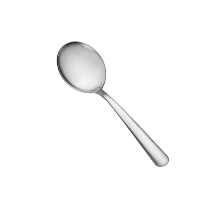 Windsor Bouillon Spoon 18/0 heavy weight, 5-7/8 inches, stainless steel with satin handle. Perfect for soups and broths in restaurants, catering, or elegant home table settings.