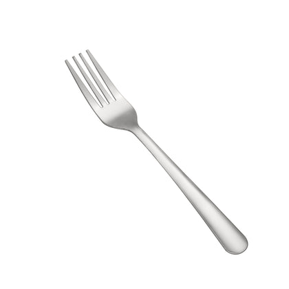 Windsor Dinner Fork 18/0 heavy weight, 7-1/8 inches, stainless steel with satin handle. Ideal for main courses in restaurants, catering, or elegant home table settings.