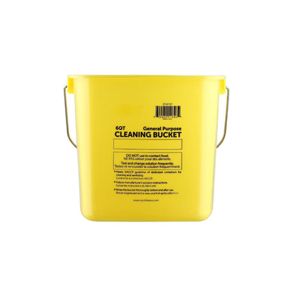 Yellow 6-quart general purpose bucket with handle, made from durable plastic. Ideal for cleaning, sanitizing, and color-coded tasks in commercial kitchens and janitorial environments.