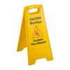 Yellow wet floor A-shape safety sign with bold lettering for slip hazard warning; durable, lightweight, foldable design ideal for workplaces, restaurants, and retail stores; packed 12 each per case.