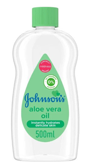 Johnson & Johnson Baby Oil with Aloe 500ml bottle, gentle formula to moisturize and soothe delicate baby skin.