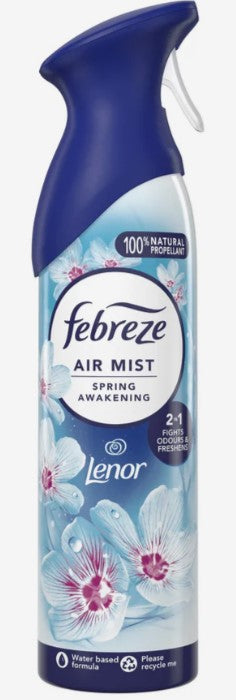 Febreze Spring Awakening air freshener spray, 185ml can for eliminating odors and freshening rooms.