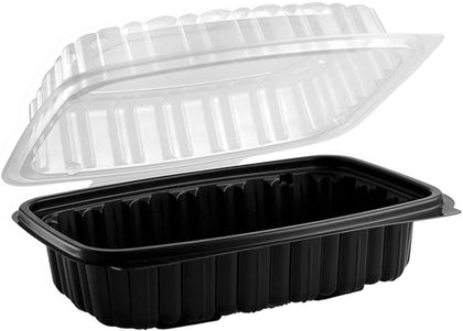 black base food container clear lid clamshell plastic container takeout food storage container reusable recyclable leak-resistant stackable catering durable 9x6