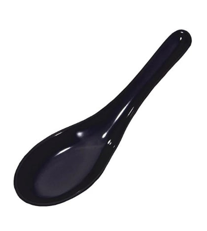 A dozen black melamine soup spoons, durable and stylish, perfect for soups, stews, and everyday dining.



