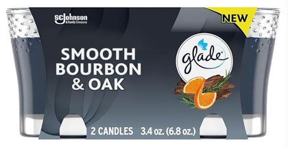 Glade Candle Smooth Bourbon Oak, 3.4 oz scented candle in glass jar with rich bourbon and oak fragrance for a warm, cozy home ambiance.