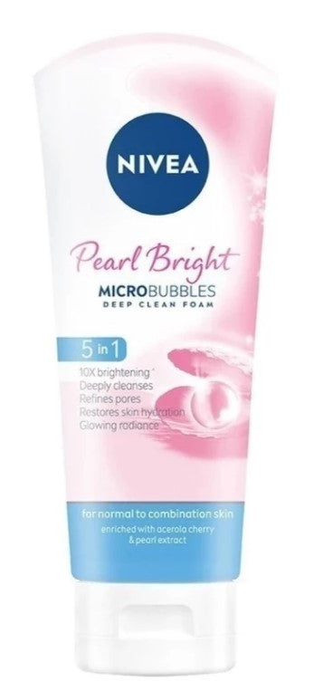 Nivea Pearl Bright Microbubbles Deep Clean Foam 5-in-1, 100ml (100g) for gentle daily cleansing and brightening of the skin.