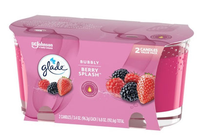 Glade Candle Bubbly Berry Splash, 3.4 oz scented candle in glass jar with sweet, fruity berry fragrance.