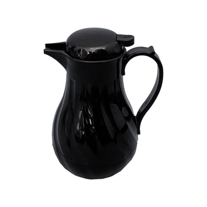 Black 20oz swirl insulated beverage server with double-wall construction for temperature control. Durable design ideal for restaurants and catering. Case pack of 24, 12 each quantity break.