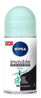Nivea Roll-On Invisible Black & White Fresh 50ml deodorant with long-lasting sweat protection, gentle on skin, and prevents white and yellow marks.