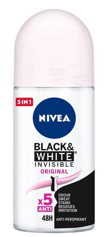 Nivea Roll-On Invisible Black & White Clear 50ml deodorant with long-lasting sweat protection, gentle on skin, and no white or yellow marks.