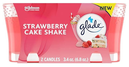 Glade Candle Strawberry Cake Shake, 3.4 oz scented candle in glass jar with sweet strawberry and creamy dessert fragrance.